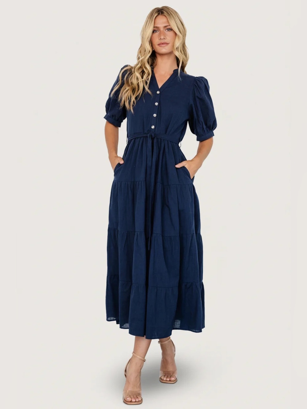 Baltic Born Camille Navy Blue Cotton Tiered Maxi Dress Puff Sleeve Size S